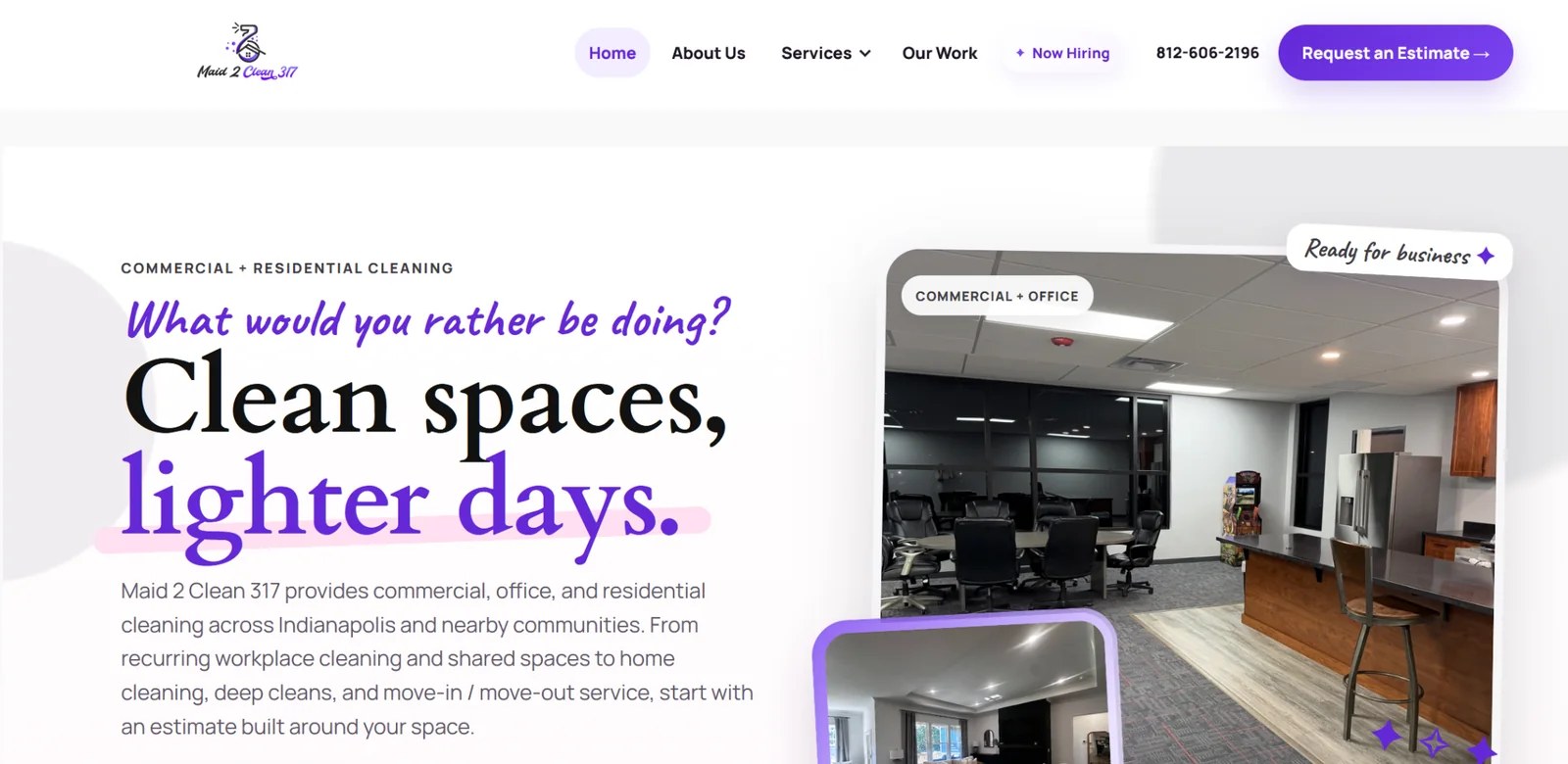Maid 2 Clean 317 commercial and residential cleaning website built by Always Be Farming